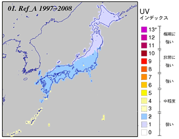 日最大UVインデックス（推定値）の月別累年平均値全国分布図